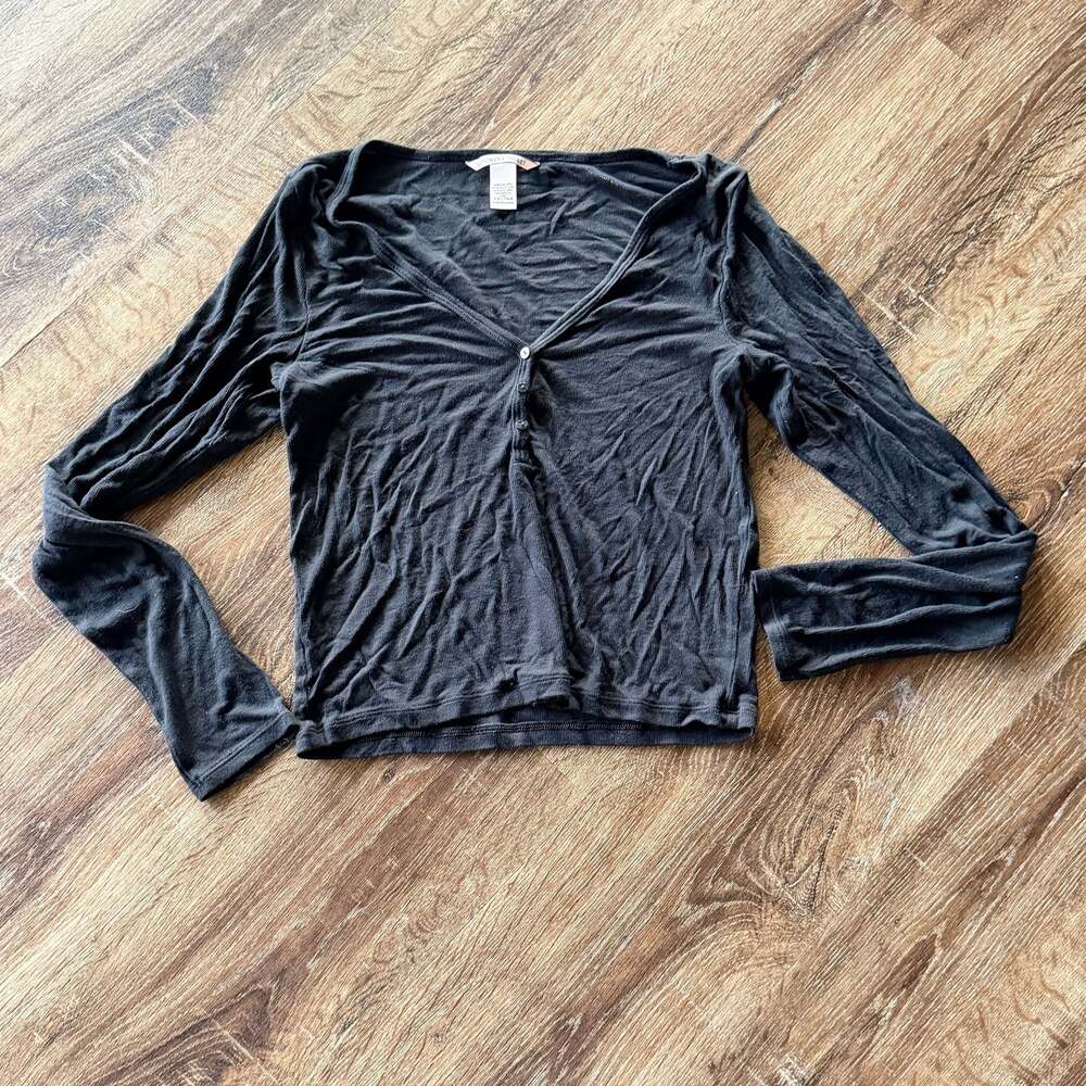 Victoria's Secret Black Ribbed Henley Long Sleeve Top, Size L